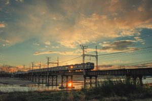 landscape, evening, sunset, nature, railway bridge, river, train, commuting train, osaka, japan